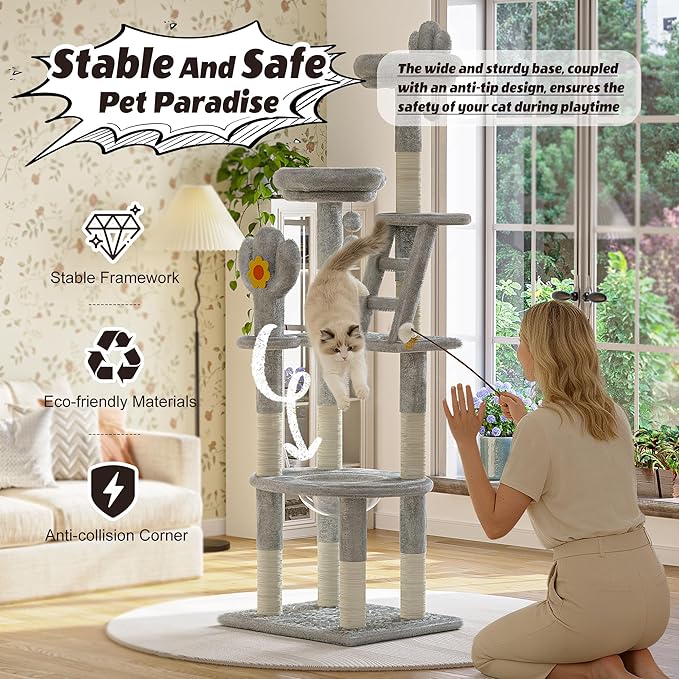 Cat Tree, 72in Indoor Cactus Cat Tree with Transparent Capsule, Sisal Scratching Posts, Plush Perches and Interactive Toys for Kittens and Large Cats, Gray