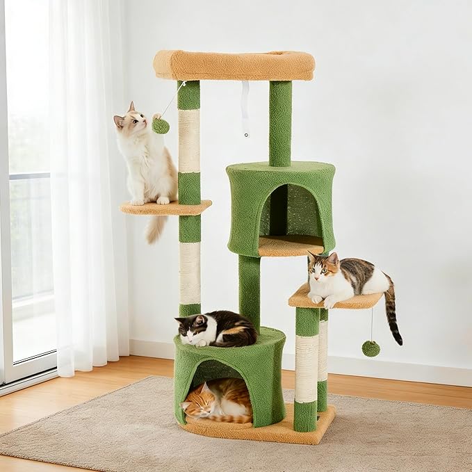 45.3-inch Multi-Level Cat Tree Tower with 3 Soft Platforms & 2 Cat Caves, Fully Wrapped Sisal Scratching Post for Indoor Cats, Dangling Toy, Green