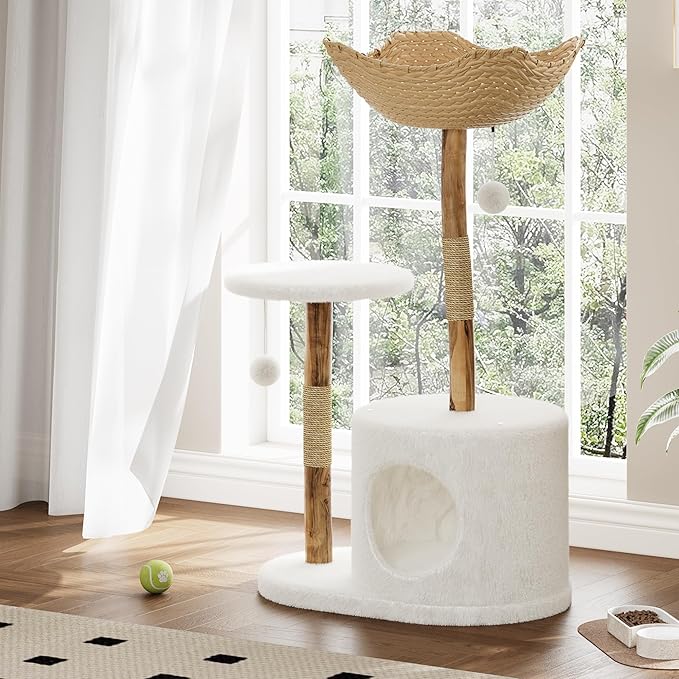 Modern Natural Wood Cat Tree, Stylish Solid Wooden Climbing Tower with Large Rattan Basket, Scratching Posts, Real Branch Design, White Luxury Perch for Rest and Play