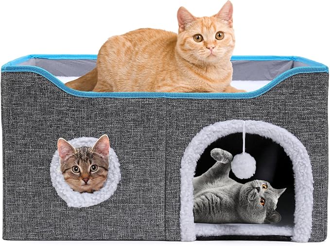 Houseables Cat House, Cat Cave Bed, Kitty House, Hideaway Pet Bed, Cathouse, Catbed, Kitten Hideout, Covered Pet Cave, Indoor Kitty Home, Hiding Spot, Enclosed Cubby Box, Fort Cube, w/Scratcher, Large