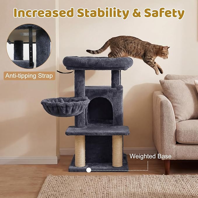 DORTALA Cat Tree for Indoor Cats, 33.5" Cat Tower with 2-Storey Condo, Top Perch, Sisal Scratching Posts, Dangling Ball, Platform, Multi-Level Pet Climbing Furniture Activity Center (Dark Grey)