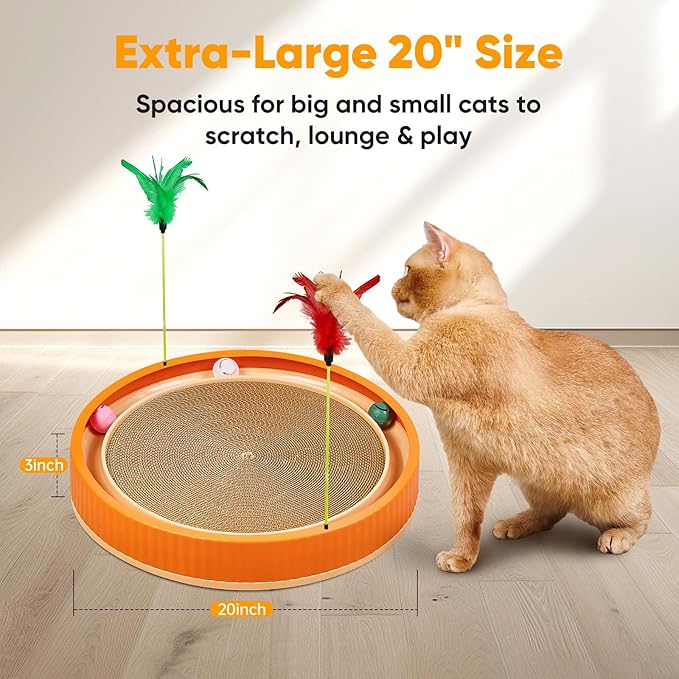 Extra-Large Round Cat Scratcher Bed with Ball Track – 3-in-1 Circular Cardboard Scratching Pad with Feather Toys – Interactive Cat Toy Round Track for Large Breeds Like Maine Coons (Orange)