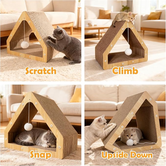 Cat Scratcher House with Hanging Ball - Cozy Corrugated Cardboard Cat Scratching Pad for Indoor Cats/Kittens, Stable Structure & Eco-Friendly