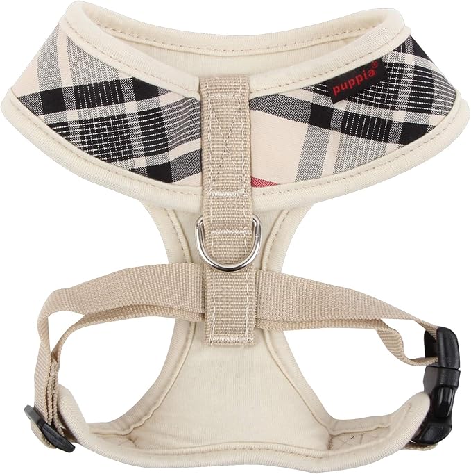 Puppia Junior Over-The-Head Dog Harness Checkered Pattern No Choke No Pull Adjustable Chest Belt Walking Training for Small and Medium Dog, Beige, X-Large