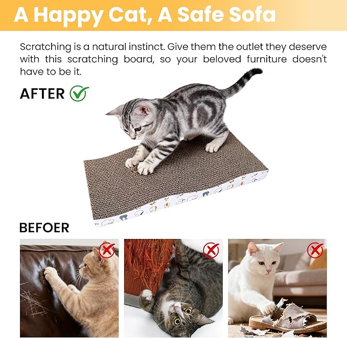 Cat Scratching Board, Large Wide Corrugate Cat Scratcher with Catnip, Premium Scratch, Double-Sided Design, Cat Scratch Pad for Indoor Cats and Kitten,Furniture Protectors from Cat Scratching (2-PACK)