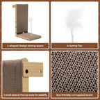 COZIWOW L-Shape Cat Scratcher Lounge, Corrugated Cardboard Scratching Pad for Indoor Cats, Durable Cat Furniture with Spring Toy (Walnut)