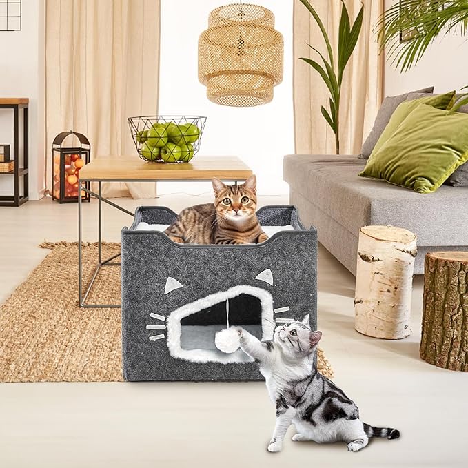Cat House for Indoor Cats, Large Covered Cat Bed with Cushion Pad Fluffy Ball Hanging, Foldable Cute Cat Cave Bed Cat Condo Hideaway for Pet Cats, Multi Small Pet, Grey