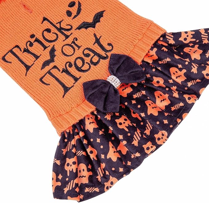 CuteBone Halloween Dog Sweater Dress Trick or Treat Knit Turtleneck Puppy Sweater with Bowtie Leash Hole Pullover Winter Dress for Small Dogs