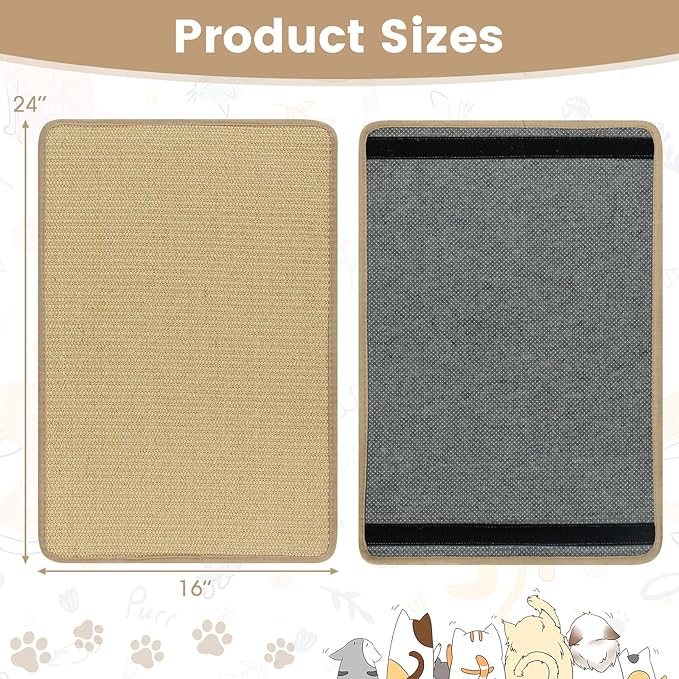 PETSITE Cat Scratcher Mat, Natural Sisal Scratching Mats, Horizontal Cat Floor Scratching Pad Rug with Adhesive Hook Loop Tapes (12, 23.62 x 15.75 in)