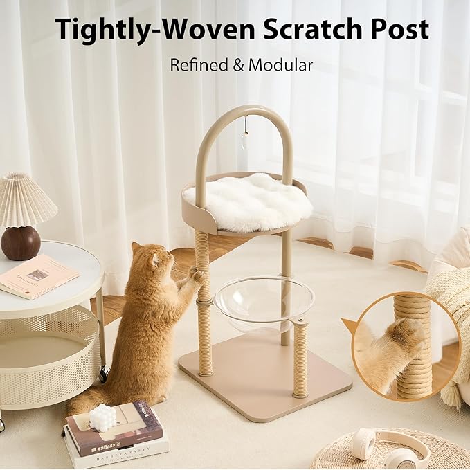 34" Modern Cat Tree Furniture, Minimalist Metal Frame Cat Tower with Wood Platforms, Washable Cushion & Scratching Post, Stylish Cat Condo for Indoor Cats, Cream Beige