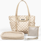 Cleverpup Transit Tote Dog Carrier 4-Piece Set - Premium Lightweight Pet Travel Bag with Plush Teddy Insert, Food Pouch, Air Mesh Opening, Water-Resistant Base & Safety Tether - Medium Checkerboard