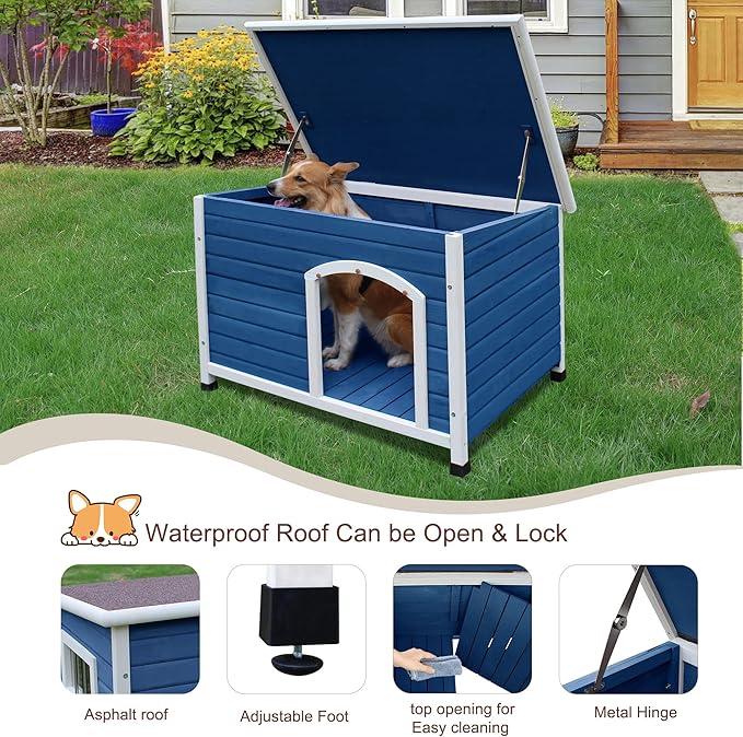40" Wooden Outdoor Dog Houses, Waterproof Dog House Outside with Window & Door Flap Waterproof Dog House Outdoor Indoor, Assemble Easily-Blue