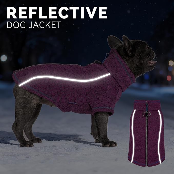 cyeollo Warm Dog Sweater with Zipper, Doggy Reflective Highneck Jackets with D Ring Step in Dog Winter Coats Fleece Female Stretchy Dogs Sweaters Pet Clothes for Small Dogs, Purple S