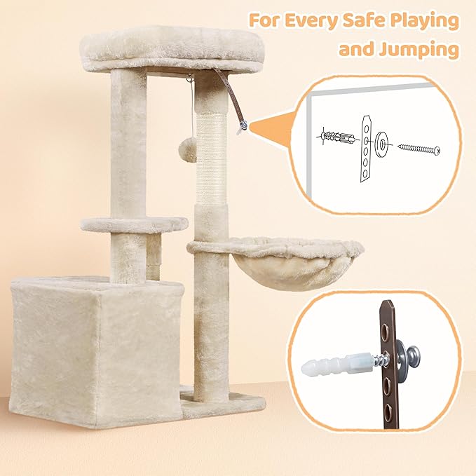 Yaheetech Cat Tree, Multi Level Climbing Tower for Indoor Cats, Pet Activity Center Scratching Post Indoor Furniture Bed with Basket for Kittens, Beige