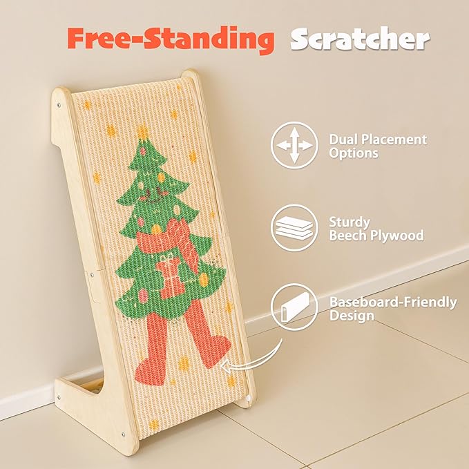 PETKARAY L Shape Cat Scratcher, Sisal Kitty Scratching Ramp, Vertical Scratch Pad for Indoor Cats, 25.2" Furniture Protector with Catnip, Festive Edition