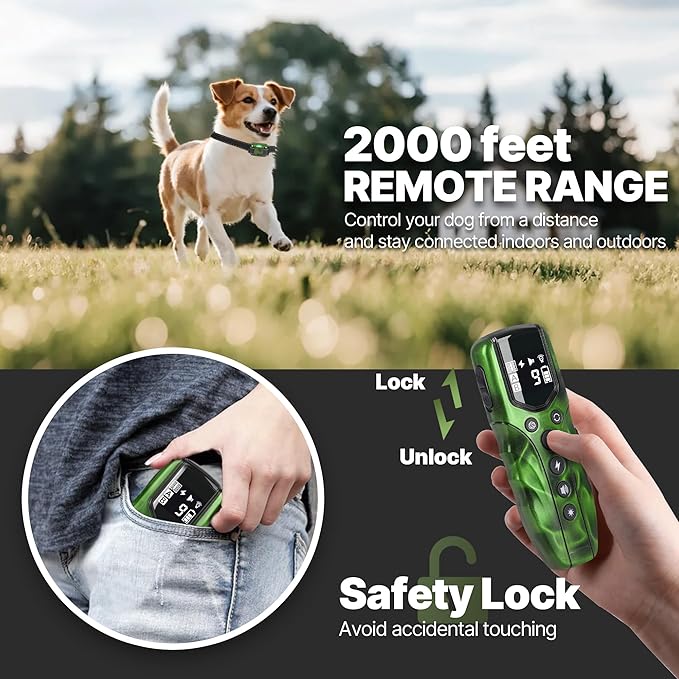 Ultra Small Shock Collar for Small Dogs, Dog Training Collar with Remote for Small Dogs 5-15lbs & Medium Large Dogs, Rechargeable, 2000ft Range, Collar with Beep, Vibration, Safe Shock,Green