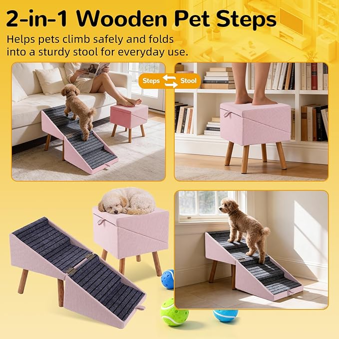 17.13" H Dog Stairs for Small Dogs, 2-in-1 Pet Steps & Ottoman - Foldable Dog Stairs for Couch, Non-Slip Wooden Pet Stairs for Puppy Senior Injured Dogs