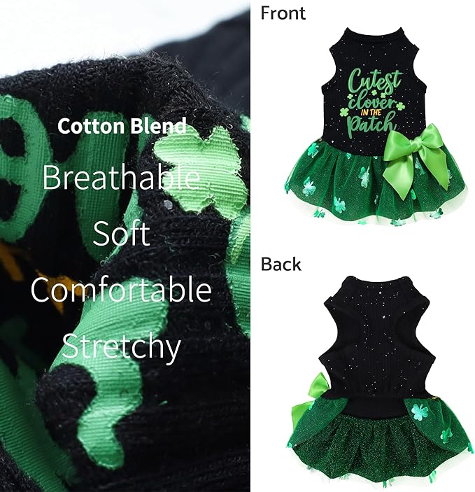 Fitwarm Cutest Clover in the Patch Dog Dress, St Patricks Day Dog Clothes for Small Dogs Girl, Funny Pet Cat Holiday Outfit, Black, Emerald Green, Large