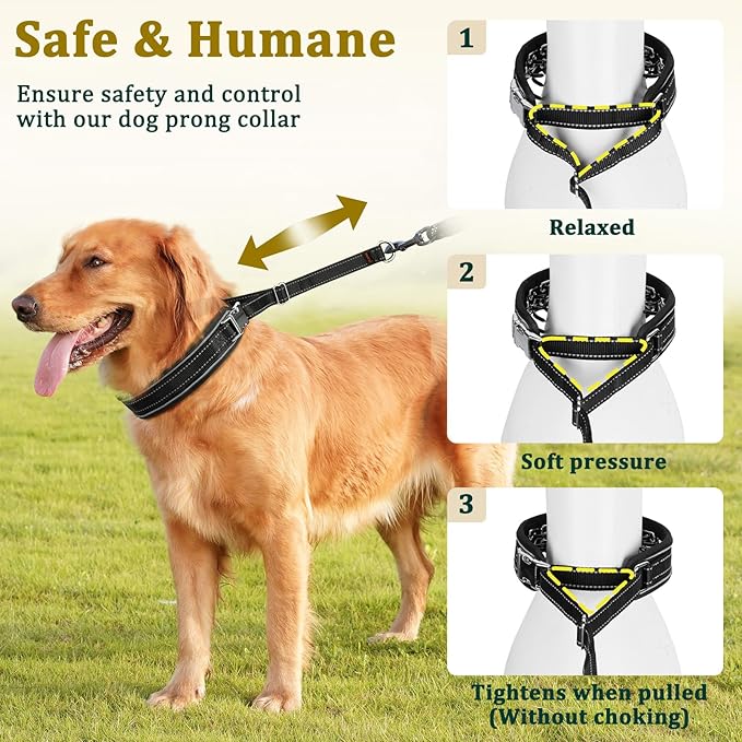 Mayerzon Prong Collar for Large Medium Dogs, Patented Reflective Pinch Collar with Metal Buckle, No Pull Adjustable Hidden Covered Dog Walking Training for Pitbull German Shepherd Doberman(Black, XL)
