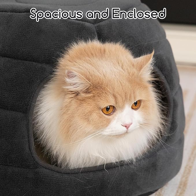 Hollypet Cat Bed Self-Warming 2 in 1 Foldable Kitty Cave House Nest Pet Sleeping Bed for Indoor Cats, Gray Igloo