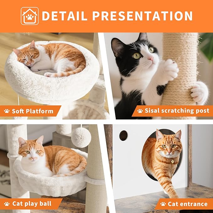 TrailBlaze Cat Tree with Litter Box Enclosure, Wooden Cat Condo with Platform, Hammock, Pompoms, Scratching Posts, All-in-One Cat Furniture for Indoor Kitten, 31.5" l x18.9 w x55.1 h(Brown)