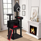 64" Gothic Cat Tree with Coffin Bed, Multi-Level Tall Black Cat Tower Cats with Top Perch, Spacious Condos, Spider Hanging Balls, Scratching Post and Ladder for Large Cats 22 lbs, Black & Red