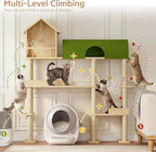 Wood Cat Tree Tower for Automatic Litter Box, 60.2'' Tall Cats Tree with Cat Tunnel, Cat Tower for Indoor Cats Large Adult, 4-Level Solid Wood Cats Furniture with 18Pcs Scratching Post, House