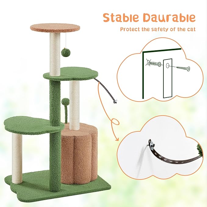 Yaheetech 42in Cactus Cat Tree, Green Cat Tree Tower w/Pumpkin Condo, Multi-Level Perches, 3 Scratching Posts, Teasing Ball for Indoor Kittens