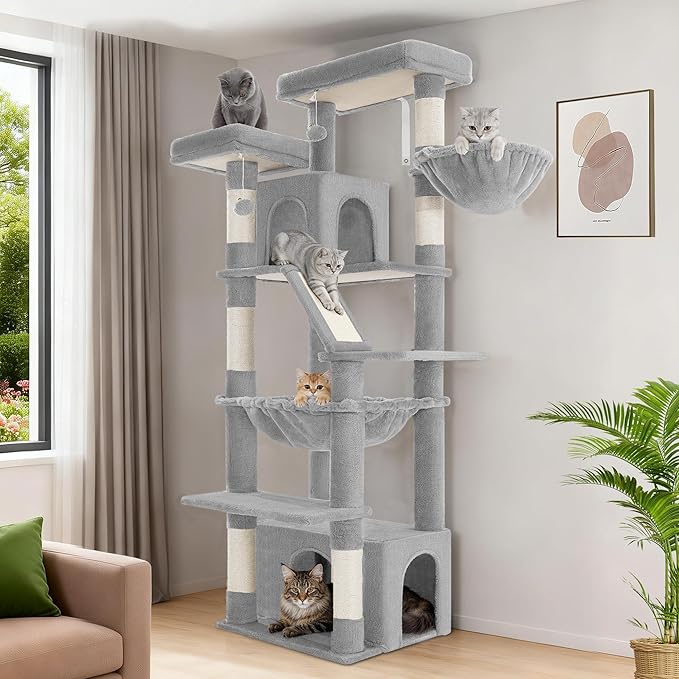Large Cat Tree, 72 Inch Tall Indoor Cat Tower for 6 Large Cats, Corner Climbing Activity Pet Condo with 2 Large Platforms/2 Cats House/6 Scratching Post/1 Hanging Basket, Light Gray MS18318LG