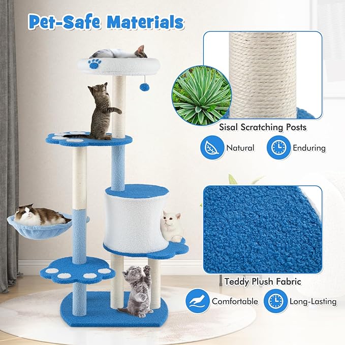 PETSITE 54 inch Cat Tree Tower, Multi-Level Modern Cat Tower with Sisal Scratching Posts, Jingling Ball, Top Perch, Side Hammock, and Cat Condo, Cute Blue Cat Tree for Indoor Cats