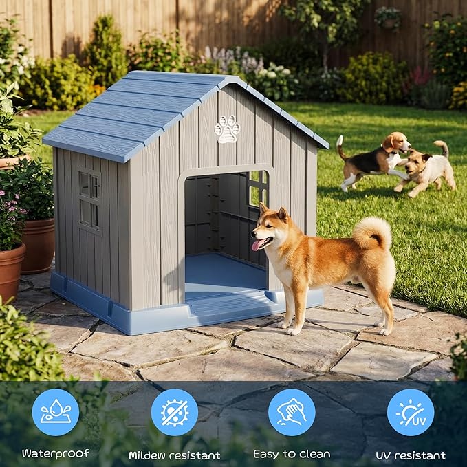 VIXZEN Dog House Outdoor, 31 Inches Weatherproof Resin Dog House Indoor Large with Air Vents & Elevated Floor, Doghouse Outdoor for Large Dogs, Easy Assembly, Versatile Storage Functionality, Blue