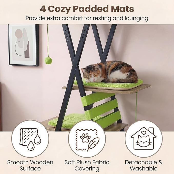 Tangkula 73 Inch Tall Cat Tree, Modern Wood Cat Tower with Scratching Pad, Extra-Large Perch & Removable Washable Mats, 3 Pompoms, Multi-Level Cat Furniture for Indoor Cats Large Adult (Green)