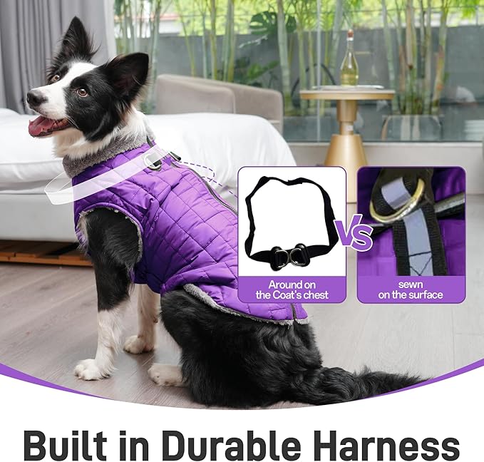 Warm Fleece Dog Coats with Durable Harness Buitl in D-Ring,Waterproof Puppy Jacket for Small Dogs,Dog Vest for Cold Winter,Purple S