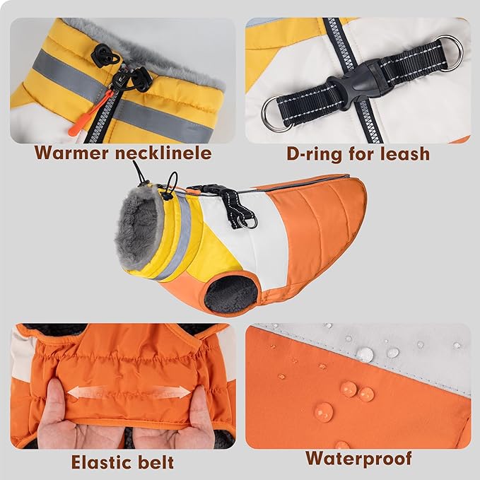 azuza Dog Jacket for Small Dogs Waterproof Dog Coat with Reflective Strips and Harness Built in Warm Fleece Dogs Winter Coat Windproof with Back Zipper, Orange M