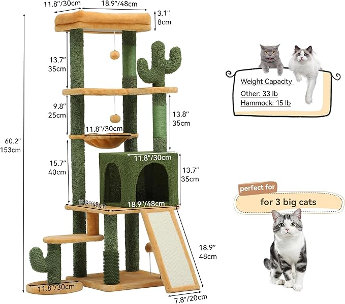 YITAHOME Tall Cactus Cat Tree Tower with Self-Grooming Brush, 60in Cute Cat Climbing Tower for Indoor Cats with Cat Condo, Top Perch, Basktet, Sisal Scratching Posts and Board, Dangling,Ball