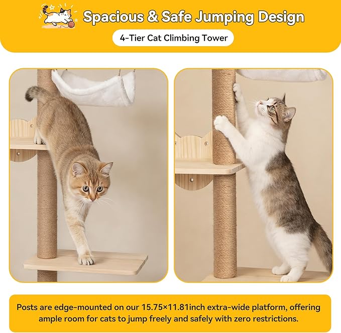 COZIWOW Cat Tree Wall Mounted 69" Tall Sisal Scratching Post 4 Tier Cats Climbing Tower, Cat Wall Furniture Kitten Shelves with Hammock Hanging Toys Wild Simulation, Large Perch Suitable for Lookout