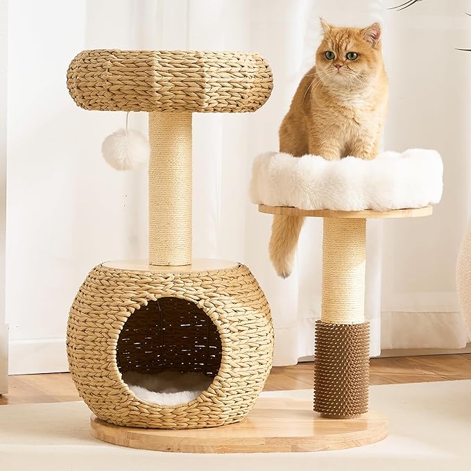 Modern Solid Wood Cat Tree Tower for Indoor Cats Large Adult, 30 inch Corner Cat Tree with Handmade Rattan Cat Bed, Luxury Aesthetic Cat Tree with Rattan Cave, Soft Plush Bed, Groomer, Scratching Post