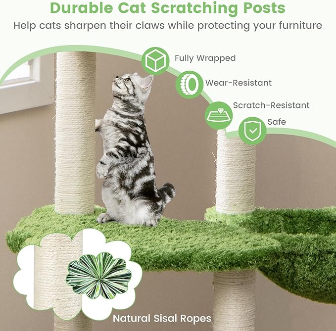 PETSITE 55 Inches Tall Wood Cat Tree, Multi-Level Modern Cat Tower with Sisal Scratching Posts, Condo, Side Hammock and Bed, Ideal for Indoor Cats