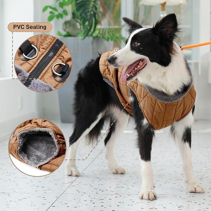 Warm Fleece Dog Coats with Durable Harness Buitl in D-Ring,Waterproof Doggie Jacket for Large Dogs,Dog Vest for Cold Winter,Burnished Khaki XXXL