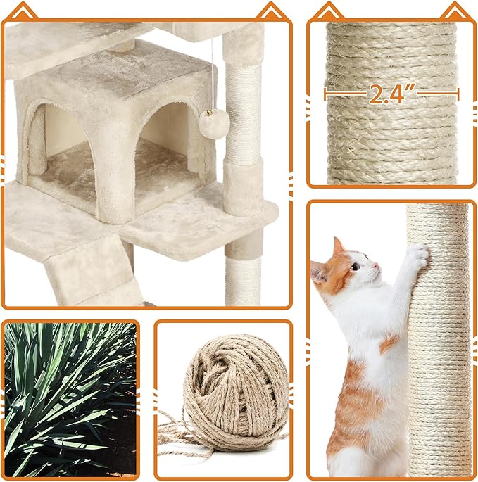 Topeakmart 61in Cat Tree for Indoor Cats, Cat Tower with Scratching Posts Spacious Perch & Platform for Kittens, Beige