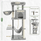 Cat Tree, Cat Tower for Indoor Cats, 43.3 inch Cat Tree Tower with Sturdy Steel Tube, Cat Hammock, Cat Condo for Small Cats and Kittens, Cat Scratching Post, Light Gray GCT004SW
