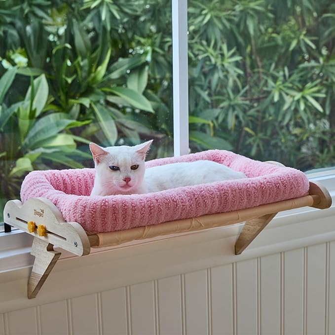 Cat Window Perch, Adjustable for Standard Window Sills Up to 7" Deep with Gap/Slot, Sturdy Wooden Cat Window Hammock Holds Up to 45 lbs, Washable Sherpa Cushion Window Seat for Large Indoor Cats