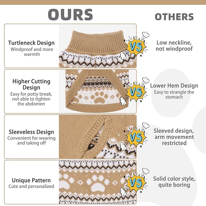 KOOLTAIL Cable Knit Dog Sweater Turtleneck, Cold Weather Pullover Classic Knitwear, Cute Paws Pattern Thick Warm Winter Pet Clothes, Dog Christmas Sweater for Small Medium Large Dogs Cats, Khaki M