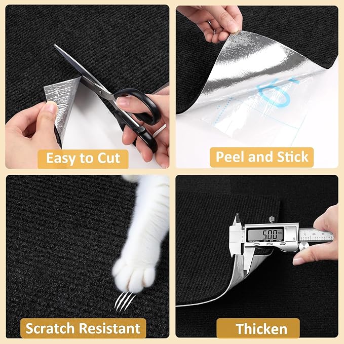 ReWallpaper Cat Scratching Mat Peel and Stick Cuttable Scratch Resistant Textured Black Cat Carpet Furniture Wall Protector for Couch Corner Tower Cover Easy Trim Self Adhesive Pet Safe 15.8in x 6.5ft