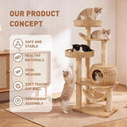 55" Wood Cat Tree for Indoor Cats Large Adult,Tall Cat Tower with Scratching Post and Cozy Hammock for Large Cat,Multi-Level Modern Cat Condo with Hand-Woven,Easy to Assemble and Clean