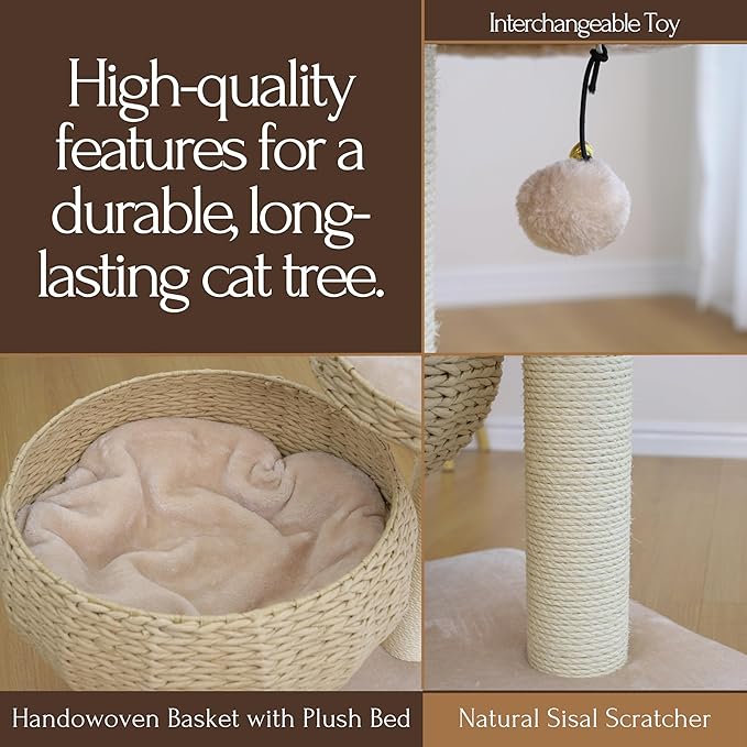 PetPals 23" High Handwoven Recycled Paper Rope Baskets Bed and Perch, Sisal Scratching Post, Playful Teaser Toy, Washable Cushion, for Indoor Cats (Beige)
