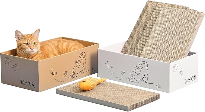 5-Pack Double-Sided Cat Scratchers with Box & Fish Toy - Reversible Cat Scratch Pad for Indoor Cats, Durable Corrugated Cardboard Cat Scratcher for Cats to Rest and Play, Furniture Protector