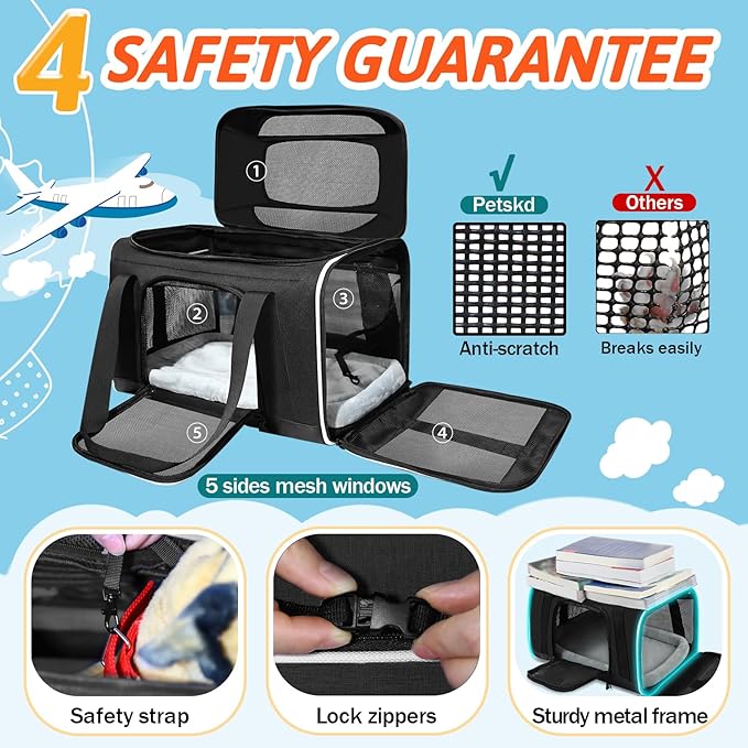 Petskd Top-Expandable Small Pet Carrier with Wheels(18" L x 13" W x 9.5" H), Southwest Airlines Approved, Rolling Pet Carrier for Small Dogs & Cats (Black)