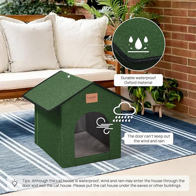 Love's cabin Outdoor Cat House Weatherproof, Insulated Feral Cat House Outdoor for Winter, Waterproof Outside House for/Indoor Cats, Shelter with Removable Soft Cushion,Green