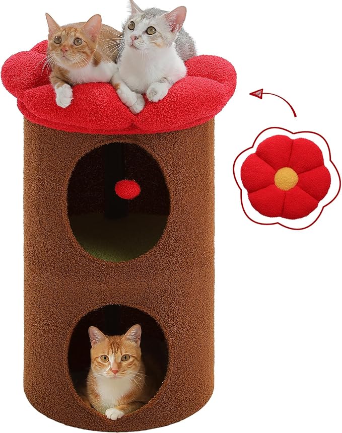 PETEPELA 2-Level Cat Beds for Indoor Cats, Cat Tree House with Removable Flower Bed, Cute Cats Hideaway, Indoor Cat Tree Condo, 20X20X28.7 Inches, Brown